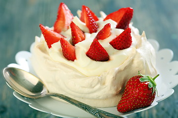 Image showing Dessert with strawberries closeup.