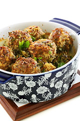 Image showing Meatballs in blue ceramic pot.