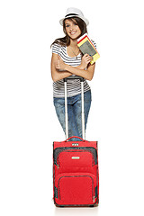 Image showing Female in casual standing with travel suitcase