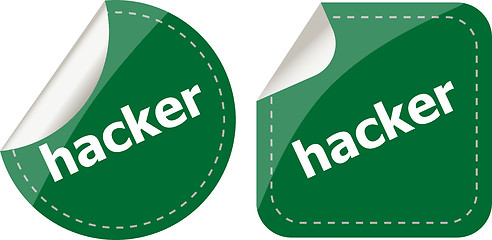 Image showing hacker stickers set on white, icon button isolated on white