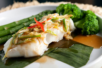 Image showing Thai Sea Bass with Asparagus