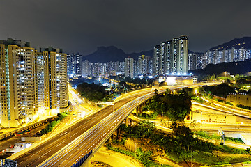 Image showing aerial view of the city overpass at night, HongKong