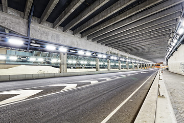 Image showing Abstract speed motion in urban highway road tunnel, blurred moti