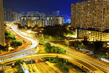 Image showing aerial view of the city overpass at night, HongKong, Asia