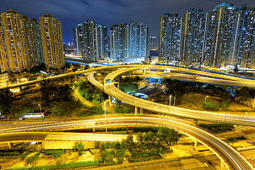 Image showing aerial view of the city overpass at night, HongKong, Asia