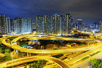 Image showing aerial view of the city overpass at night, HongKong