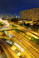 Image showing aerial view of the city overpass at night, HongKong, Asia