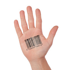 Image showing Open hand with barcode