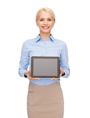 Image showing businesswoman with blank black tablet pc screen