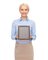 Image showing businesswoman with blank black tablet pc screen