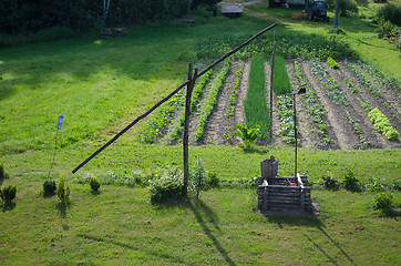 Image showing garden vegetables and stylized handmade well pole 