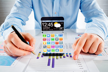 Image showing Smartphone with transparent screen in human hands.