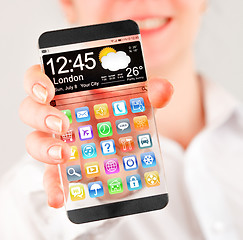 Image showing Smartphone with transparent screen in human hands.