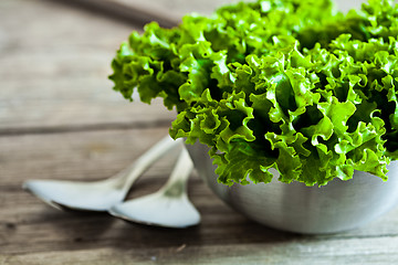 Image showing lettuce salad in metal bowl and spoons 