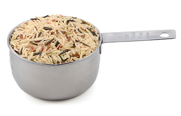 Image showing Wild rice, brown basmati and red camargue grains in an American 