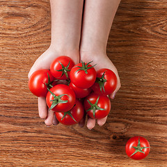 Image showing red tomatoes in hands on wood