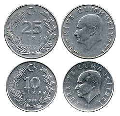 Image showing twenty five and ten lira, Turkey, Atatyurk, 1985-1986