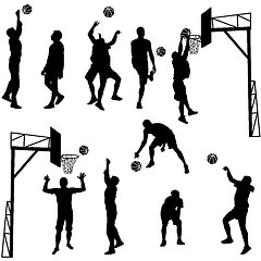 Image showing Black silhouettes of men playing basketball on a white backgroun