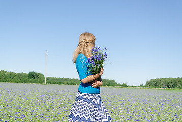 Image showing girl with bluet bouquet in wide meadow back view  