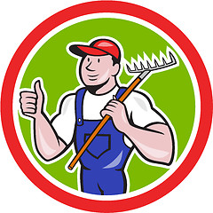 Image showing Gardener Farmer Holding Rake Thumbs Up Cartoon