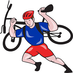 Image showing Cyclist Carry Mountain Bike on Shoulders Cartoon