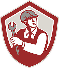 Image showing Mechanic Holding Wrench Shield Crest Retro