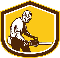 Image showing Lumberjack Operating Chainsaw Shield Retro