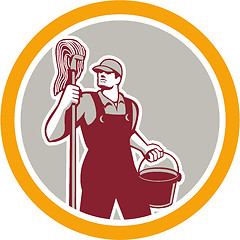 Image showing Janitor Holding Mop and Bucket Circle Retro