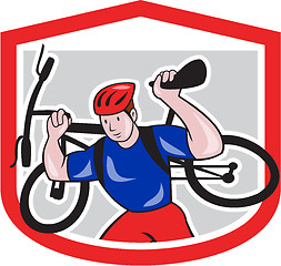 Image showing Cyclist Carrying Mountain Bike on Shoulders Cartoon