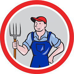 Image showing Farmer Holding Pitchfork Circle Cartoon