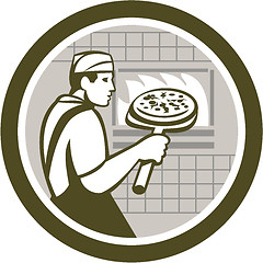 Image showing Pizza Maker Holding Peel Side Retro Circle