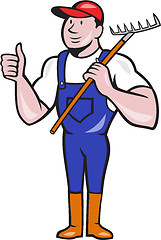 Image showing Gardener Farmer Hold Rake Thumbs Up Cartoon