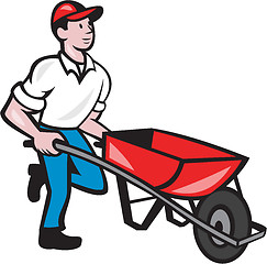 Image showing Gardener Pushing Wheelbarrow Cartoon