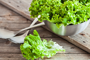 Image showing lettuce salad in metal bowl and spoons 