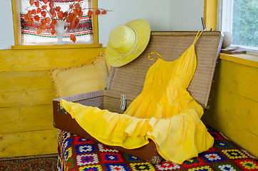 Image showing open suitcase with yellow  dress straw female hat 