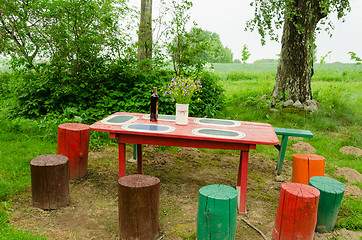 Image showing garden wooden table bunch flowers colorful stumps 