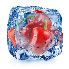 Image showing Red pepper in ice cube