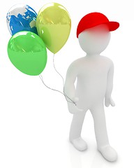 Image showing 3d man keeps balloons of earth and colorful balloons . Global ho