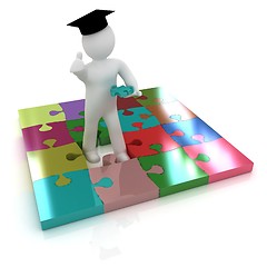 Image showing 3d man in a graduation Cap with thumb up with individual puzzles