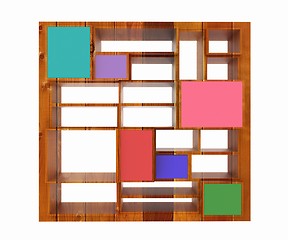 Image showing 3d isolated Empty wood colorful bookshelf 