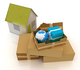 Image showing Cardboard boxes, gifts, earth and houses 