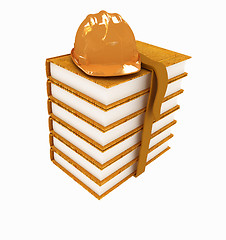 Image showing Stack of leather technical book with belt and hard hat