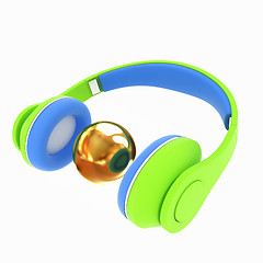 Image showing 3d icon of colorful headphones and gold ball