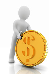 Image showing 3d small man with gold dollar coin 