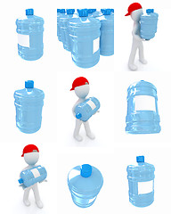 Image showing Set of 3d man carrying a water bottle with clean blue water 