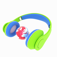 Image showing 3d icon of colorful headphones and earth