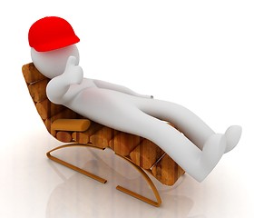 Image showing 3d white man lying wooden chair with thumb up