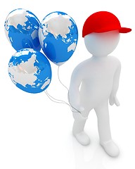 Image showing 3d man keeps balloons of earth. Global holiday 