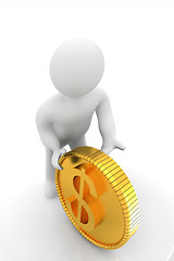 Image showing 3d small man with gold dollar coin 