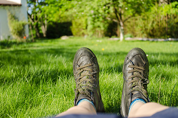 Image showing close up of women sneakers climbing fine grass 